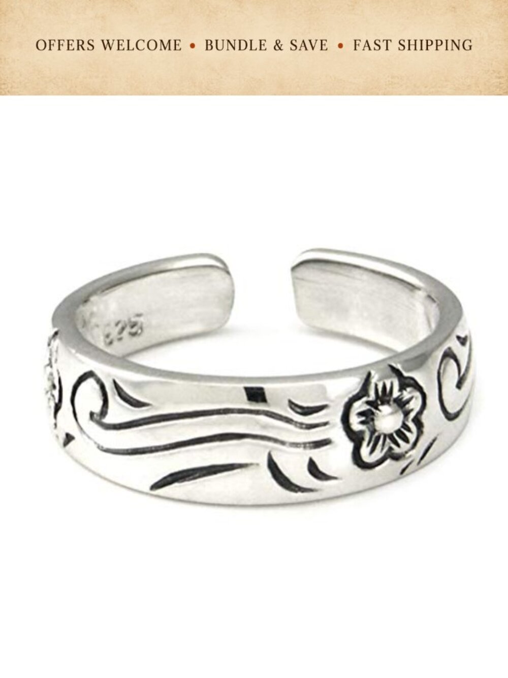 Sterling Silver Hawaiian Plumeria Wave Adjustable Toe Band Ring
